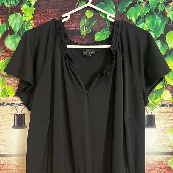 Talbots Midi Dress XL Black Short Sleeve Ruffle V Neck Stretchy Flowy - Picture 1 of 5